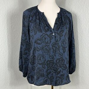Tucker Women's Silk Navy Blue Floral Motif Blouse Long Sleeve V-Neck Size P